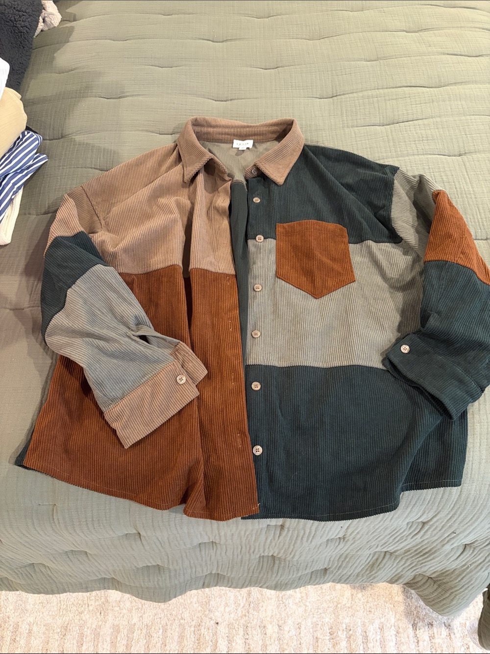 Le Lis Patchwork Corduroy Shirt Jacket in Brown, Green, Gray